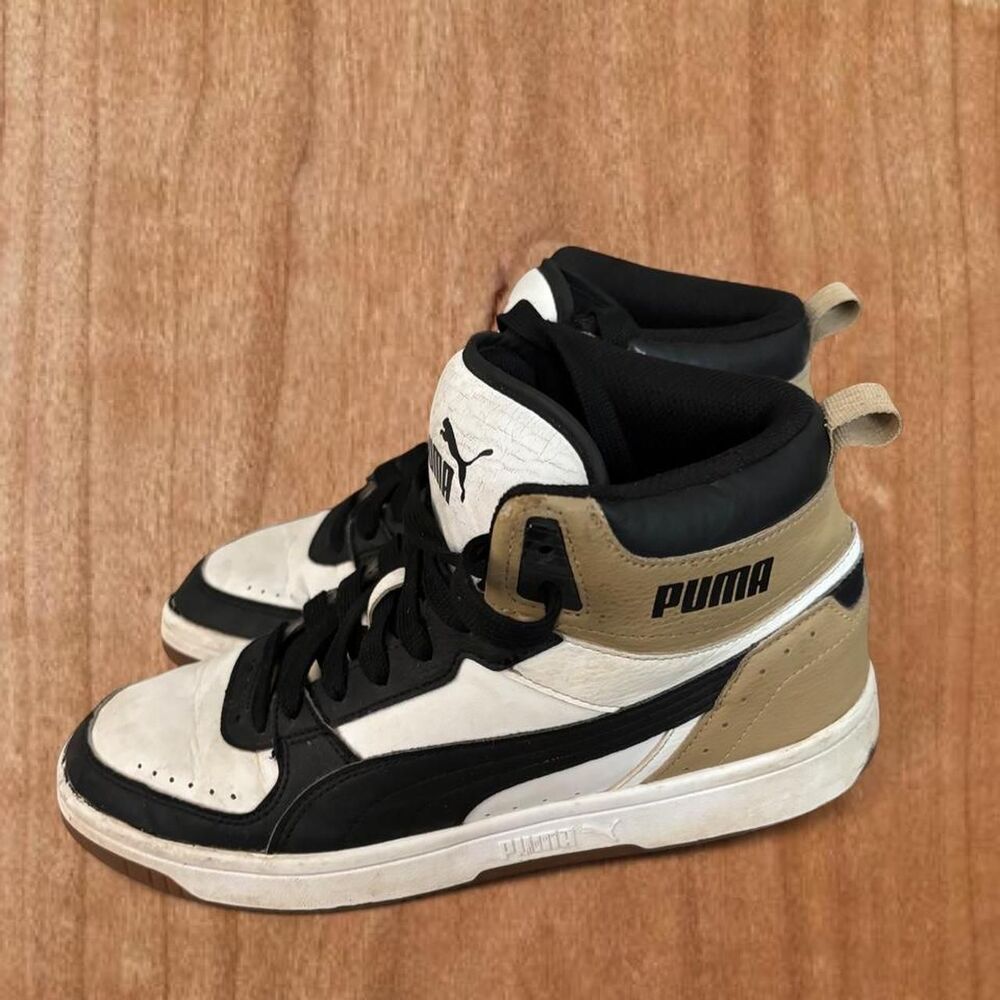 Puma Men's Rebound Joy High Top Sneakers White Black Beige 374765-32 Size 8
